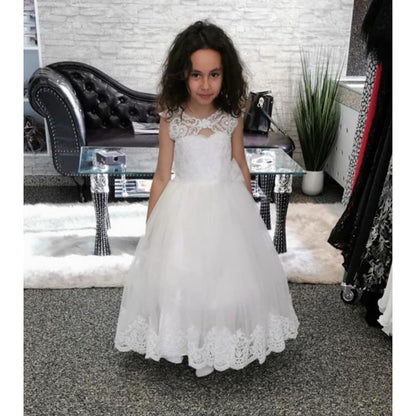 Cute Long A-line Bateau Appliques Lace Pearl Train Flower Girl Dress