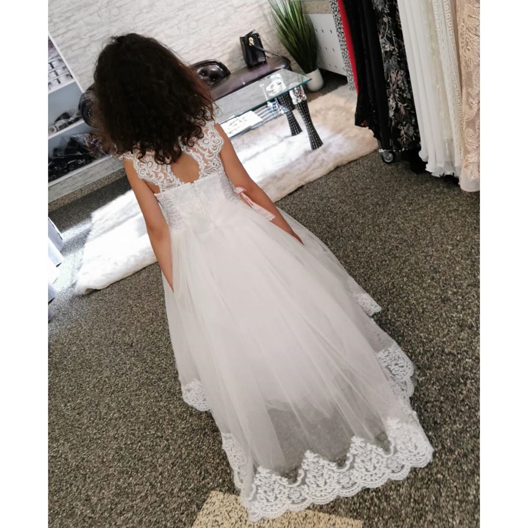 Cute Long A-line Bateau Appliques Lace Pearl Train Flower Girl Dress