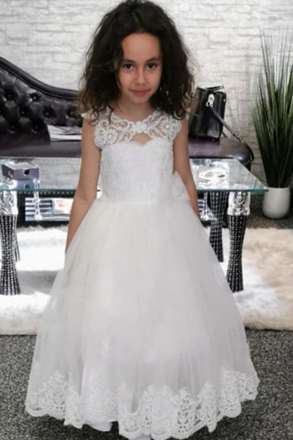 Cute Long A-line Bateau Appliques Lace Pearl Train Flower Girl Dress