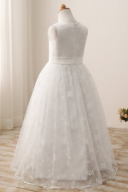 NumberSea - Cute Long A - line Jewel Lace Sleeveless Flower Girl Dresses