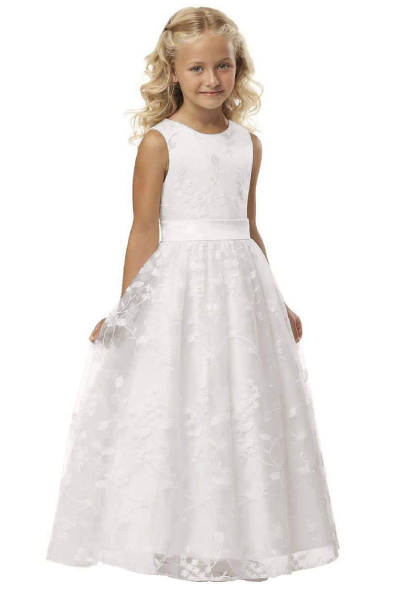 NumberSea - Cute Long A - line Jewel Lace Sleeveless Flower Girl Dresses