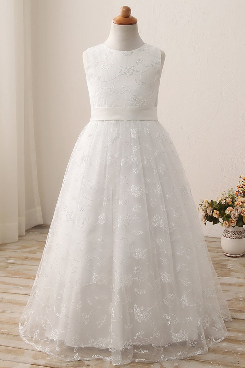 NumberSea - Cute Long A - line Jewel Lace Sleeveless Flower Girl Dresses