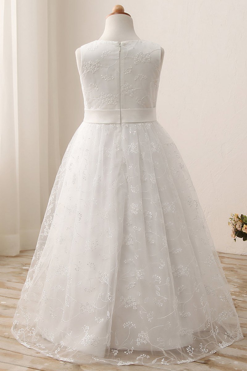 NumberSea - Cute Long A - line Jewel Lace Sleeveless Flower Girl Dresses