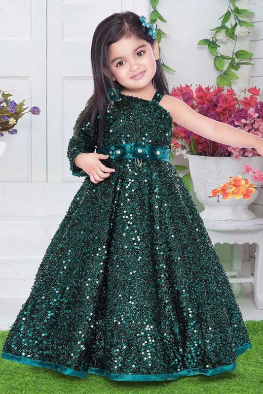 Cute Long A-line One Shoulder Long Sleeve Sequins Flower Girl Dress With Sash