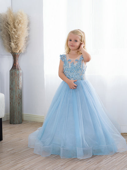 Cute Long A-line Tulle Boho Blue Flower Girl Dresses with bow