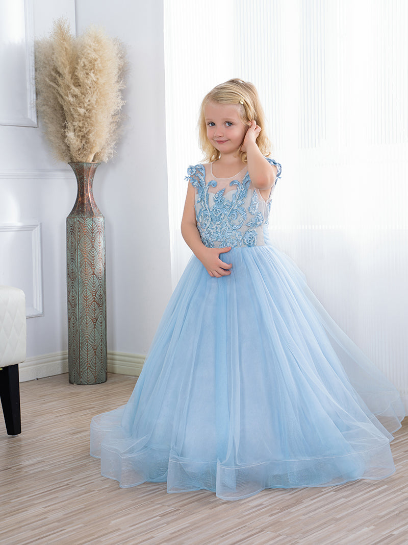 Cute Long A-line Tulle Boho Blue Flower Girl Dresses with bow