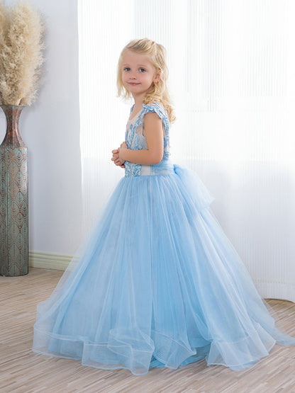 Cute Long A-line Tulle Boho Blue Flower Girl Dresses with bow