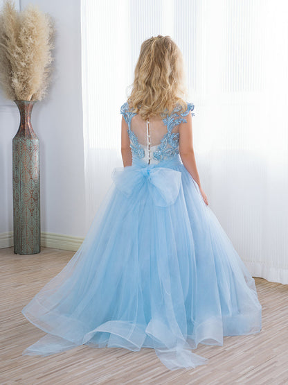 Cute Long A-line Tulle Boho Blue Flower Girl Dresses with bow