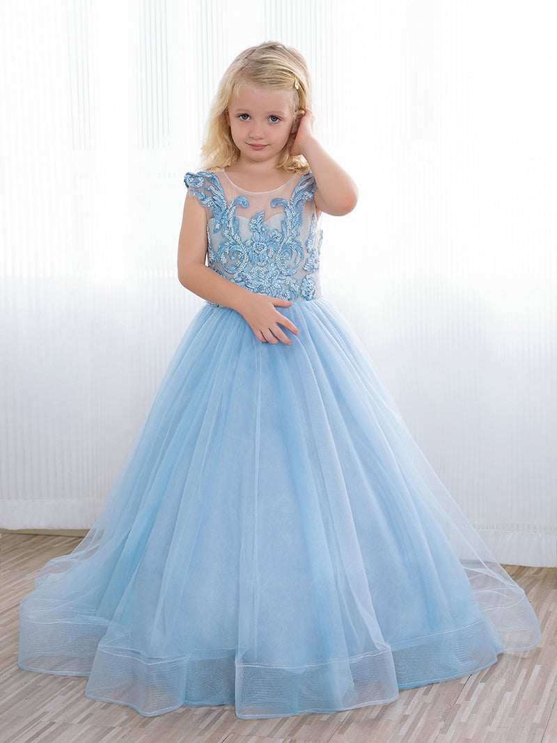 Cute Long A-line Tulle Boho Blue Flower Girl Dresses with bow