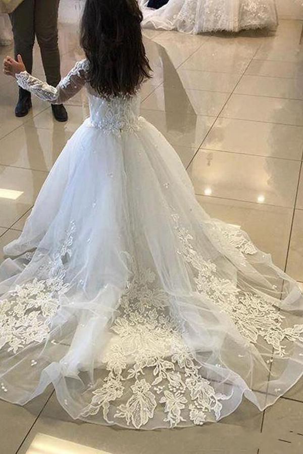 Cute Long A-line Tulle Lace Flower girl dresses with sleeves