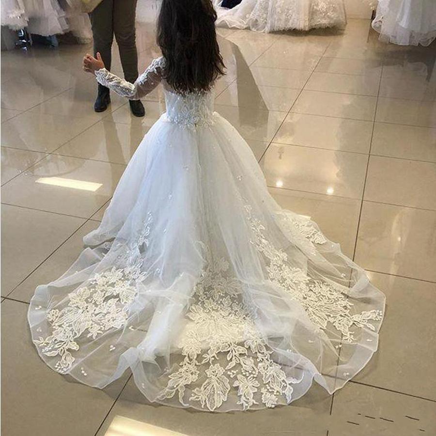 Cute Long A-line Tulle Lace Flower girl dresses with sleeves