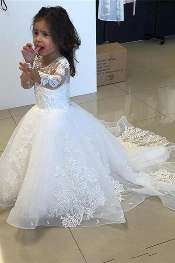 Cute Long A-line Tulle Lace Flower girl dresses with sleeves