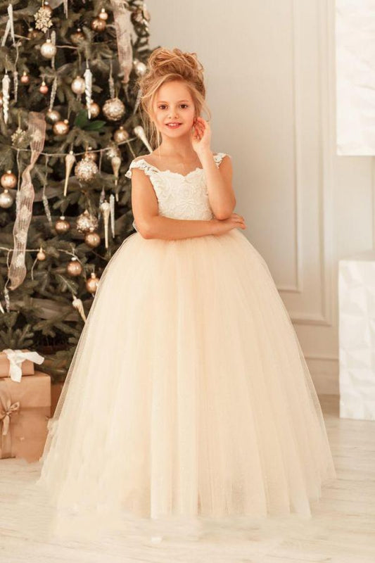 Cute Long Princess Tulle Lace Flower Girl Dress