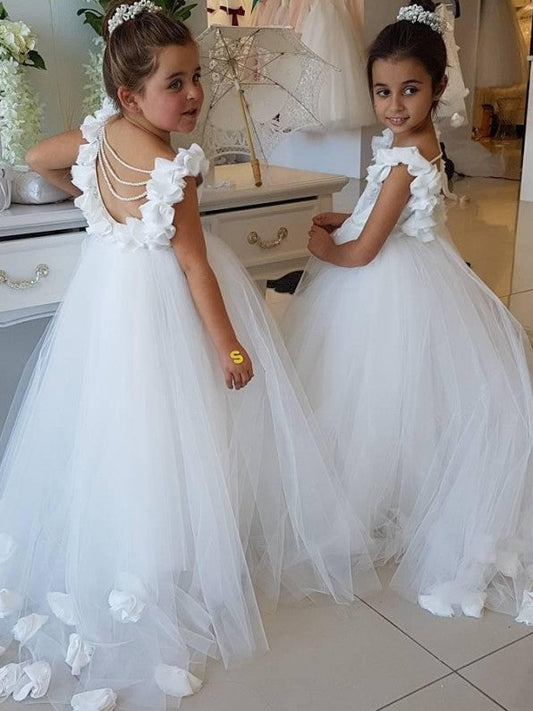 Cute Tulle Appliques Backless Flower Girl Dresses with Pearls