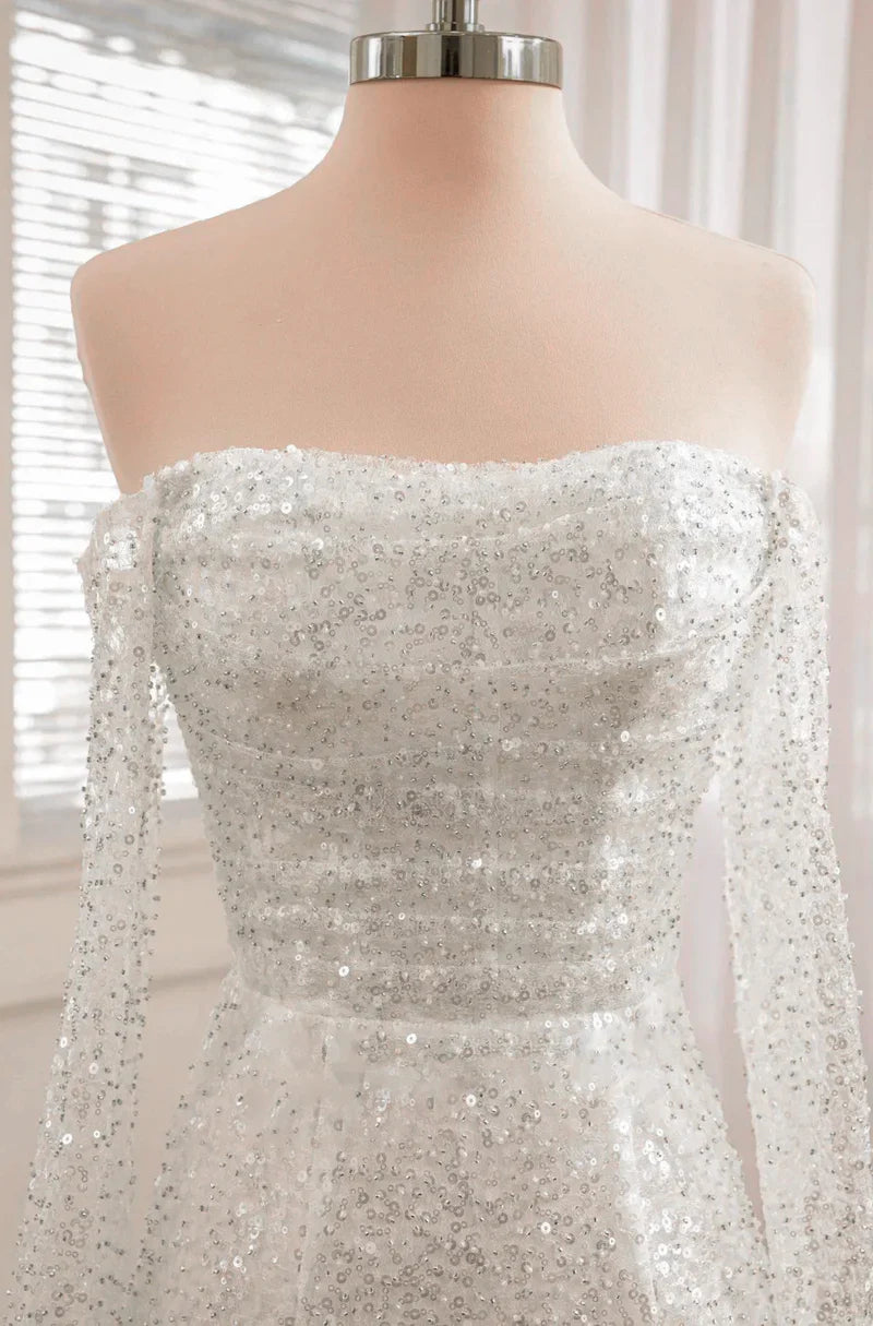 Wedding Dress Chic Short Sequined Backless With Long Detachable Sleeves