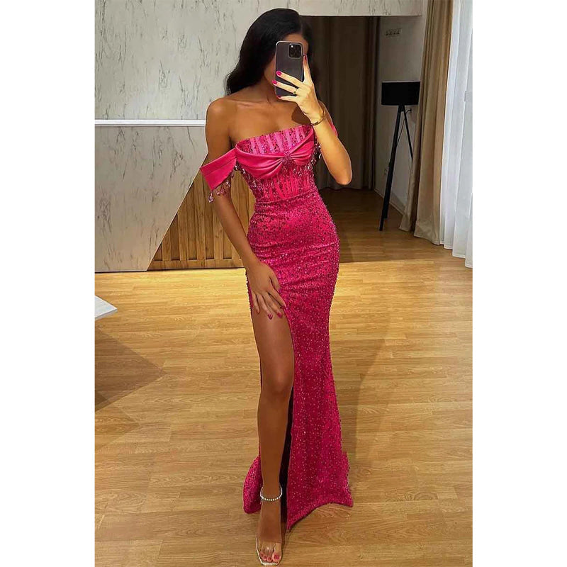 Sheath/column Pff Shoulder Side Slit Long Prom Party Dress