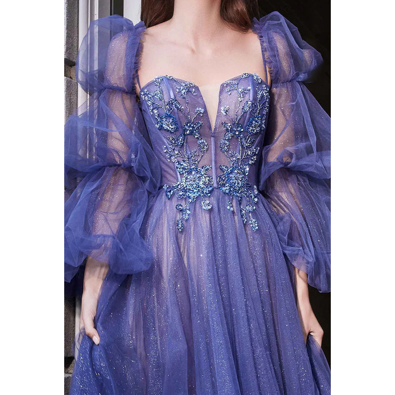 Sparkly V-Neck Long Sleeves Appliqued Sheer Tulle A-Line Long Prom Dress