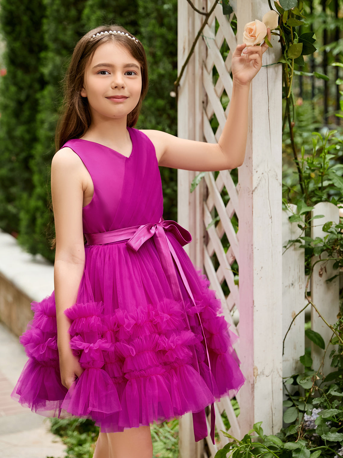 Fuchsia Princess Sleeveless Tulle Flower Girl Dress with Ruffles  (010225236)