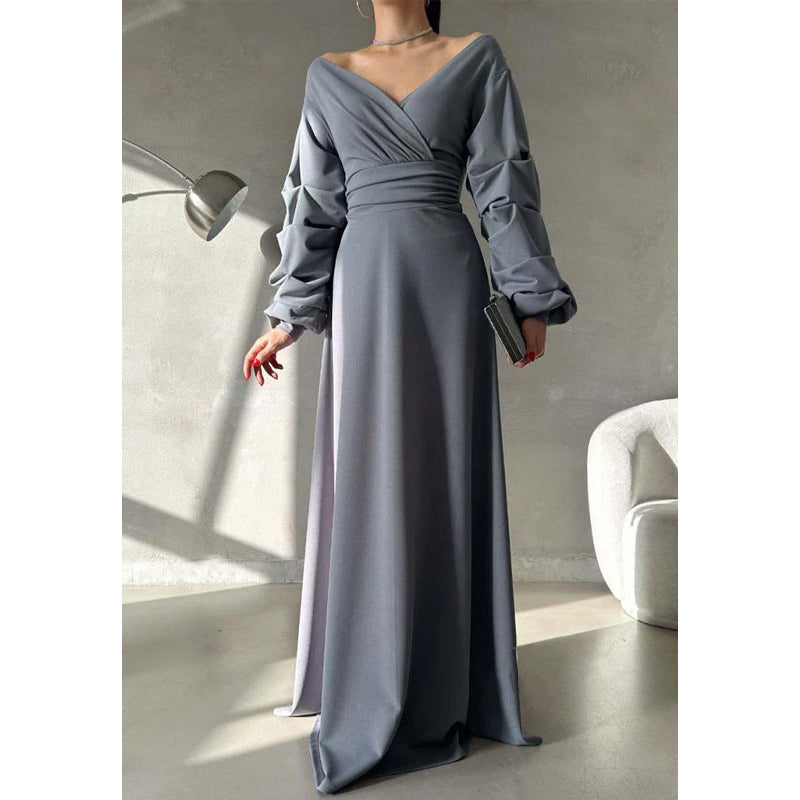 Simple A-line V-neck Off The Shoulder Puff Sleeves Long Prom Dress