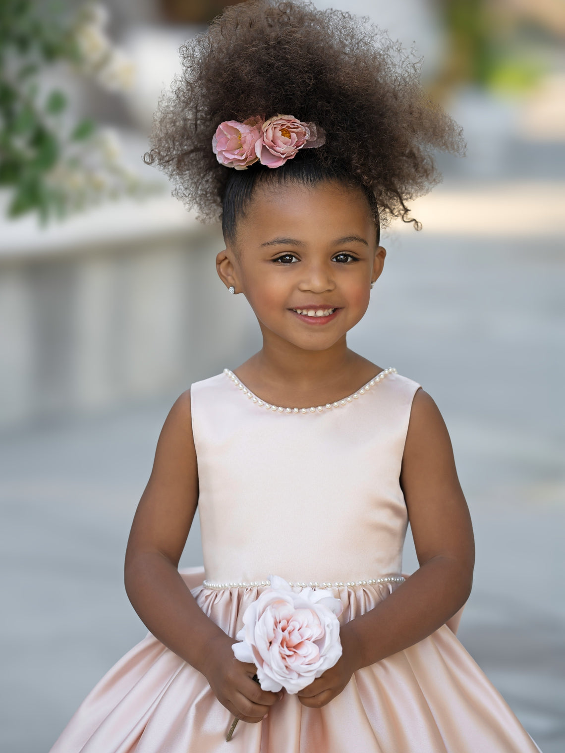 Pink Sleeveless Satin Beaded Neckline and Bow Detail Dress