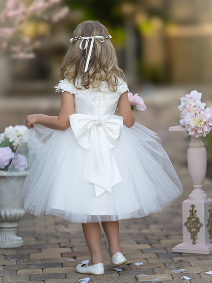 Satin Tulle Tea-length Ivory First Communion Flower Girl Dress