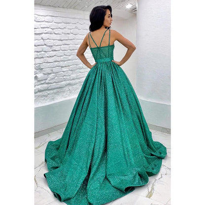 Women's Spaghetti Straps Sparkly Prom Ball Gown with Pockets