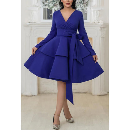 V-Neck Long Sleeves Ruched Satin A-Line Mini Evening Dress With Ruffles