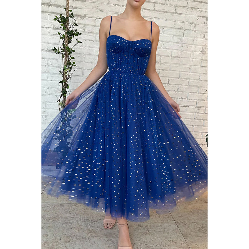 Spaghetti Straps Star Tulle Sparkly Prom Dress with Pockets