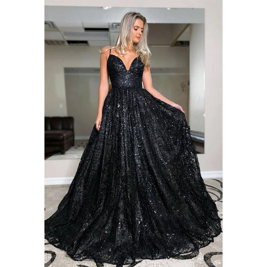 Plunging V-neck Black Lace A-line Prom Dress Glitter