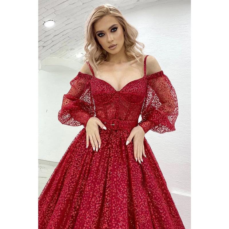 Women's Spaghetti Straps Long Sleeves Sparkly Prom Ball Gown