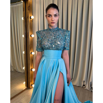 Unique High Neckline Beads Half Sleeves Sparkly Prom Dress with Slit