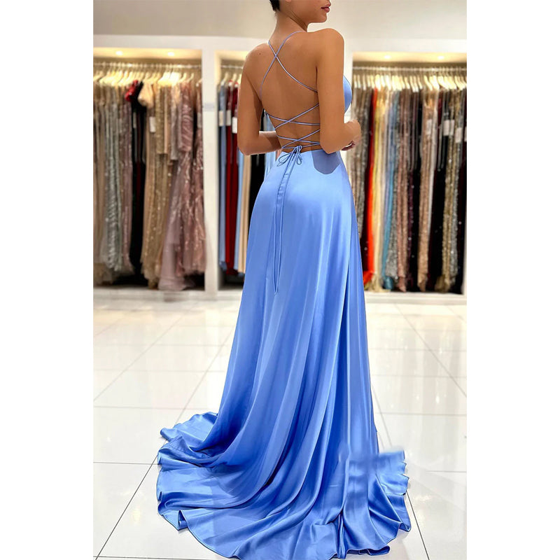 Plunging V-neck Green Blue Elastic Satin Formal Dress with Slit