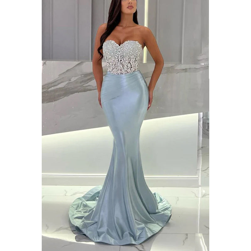 Strapless Appliqued Beaded Satin Mermaid Long Evening Dress