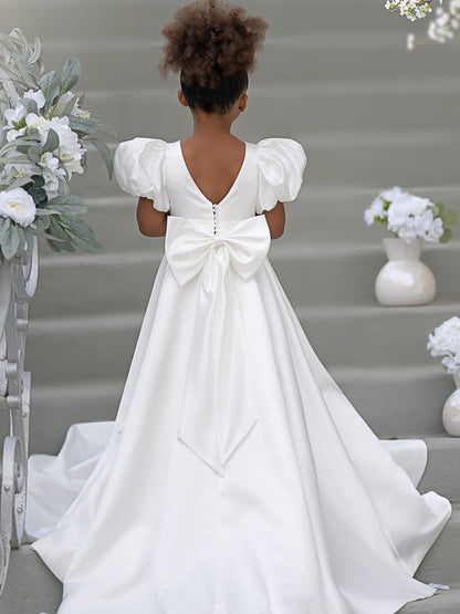 Puff Sleeve Bow Button Back Sweep Train Flower Girl Dress