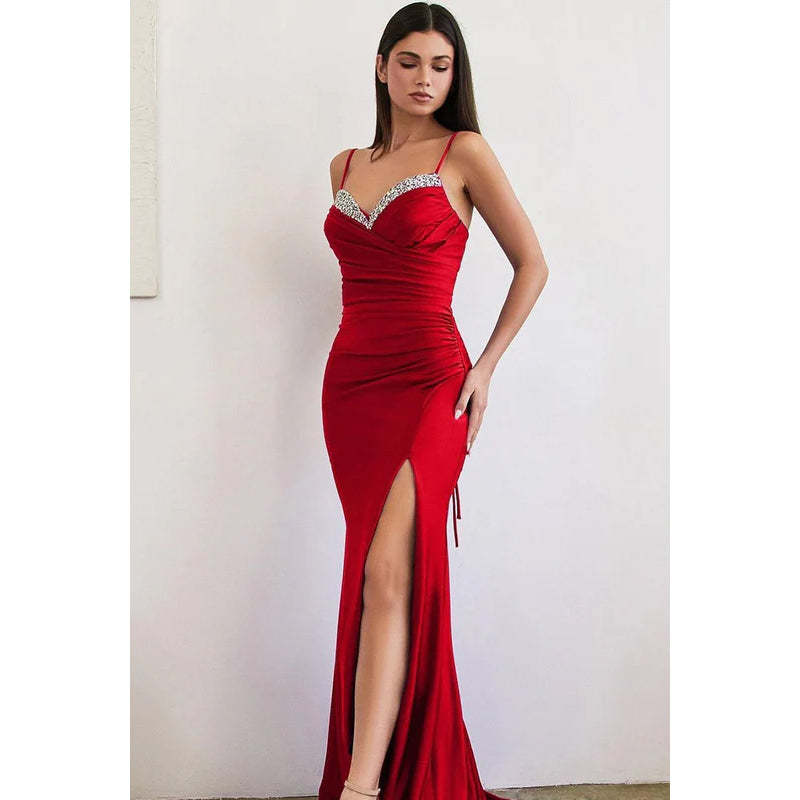 V-Neck Spaghetti Straps Sequined Sheath Prom Evening Gown With Slit