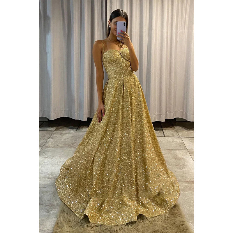 Spaghetti Straps Gold Prom Dress Glitter