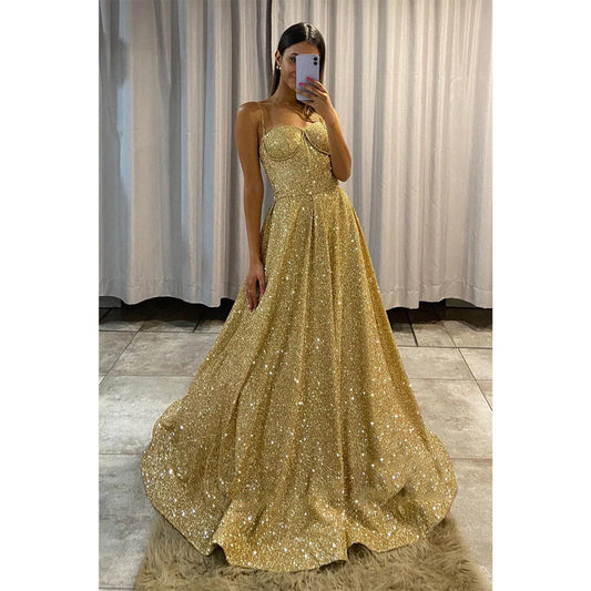 Spaghetti Straps Gold Prom Dress Glitter