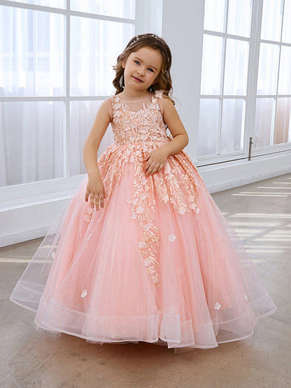 Pink Princess Ball Gown for Girls with Lace Appliqués