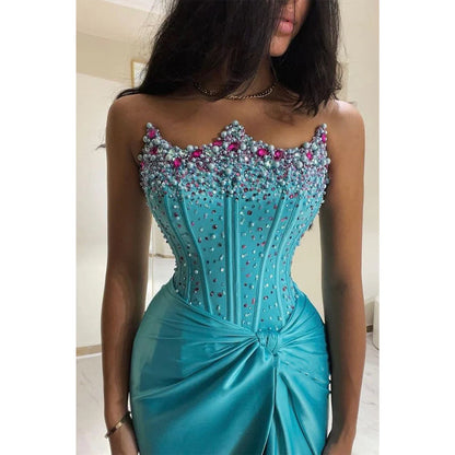 Sheath/column Strapless Blue Beaded Long Formal Dress Evening Gowns