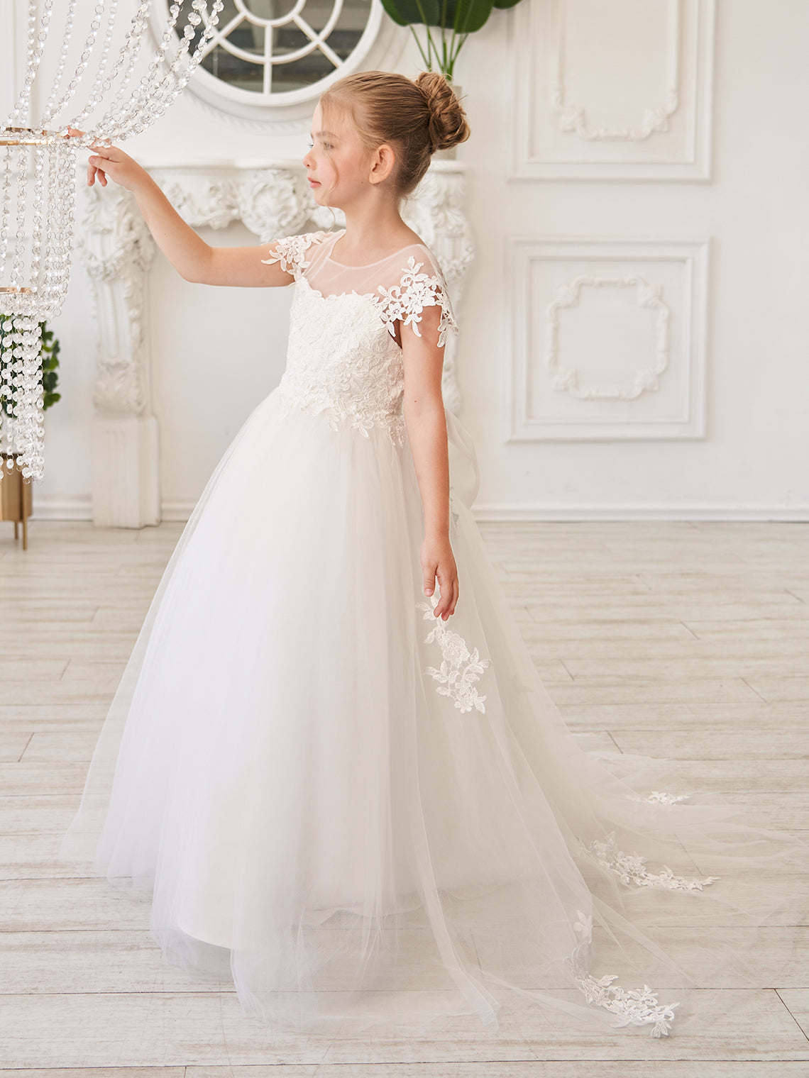 Ivory Detachable Train Princess First Communion Flower Girl Dress