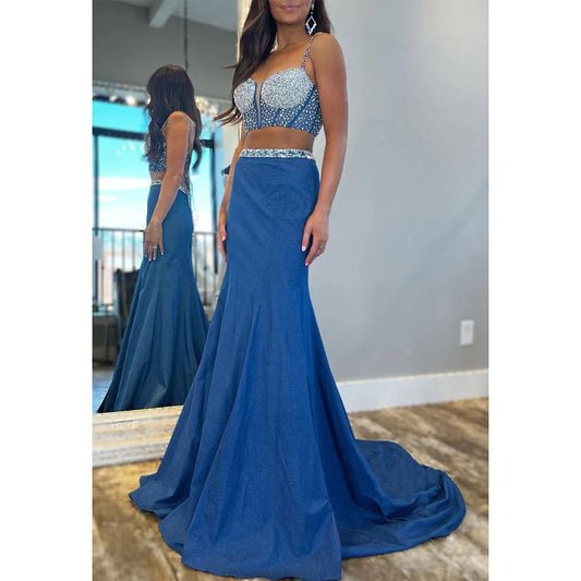 Two-piece Beaded Spaghetti Straps with Train Party Prom Evening Dress