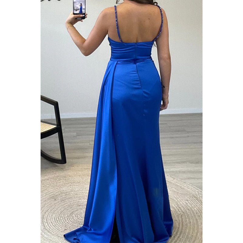 Sweetheart A-line Beaded Straps Royal Blue Long Prom Dress Evening Gown