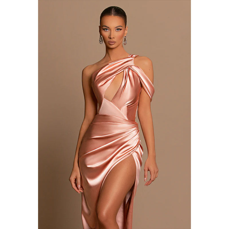 Sheath/Column One Shoulder Pleated Satin Long Formal Evening Dress