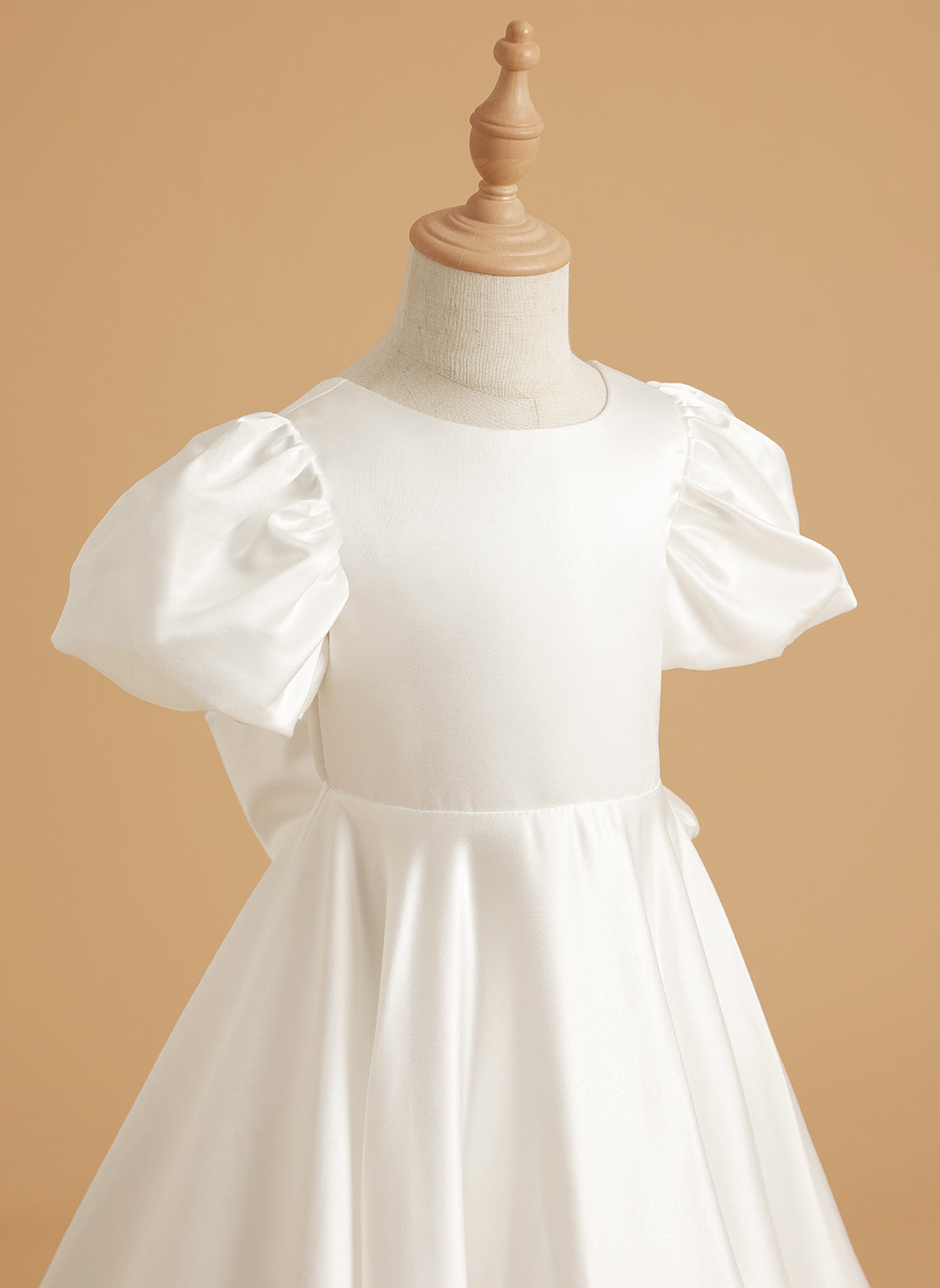 Puff Sleeve Bow Button Back Sweep Train Flower Girl Dress