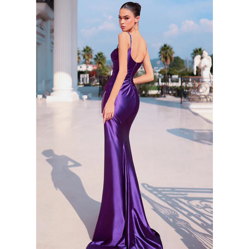 Straps Purple Satin Pleats Long Prom Dress with Split Evening Gowns