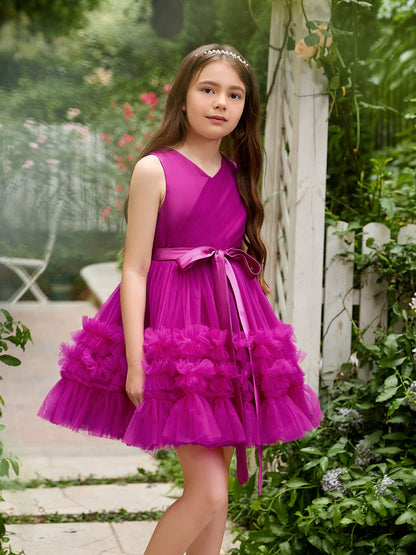 Fuchsia Princess Sleeveless Tulle Flower Girl Dress with Ruffles  (010225236)