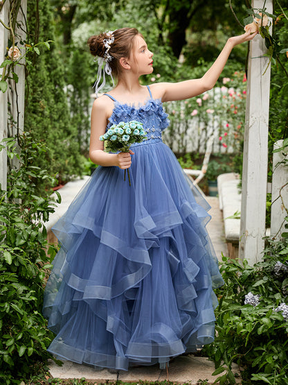 Slate Blue A-Line Princess Sleeveless Tulle Flower Girl Dress