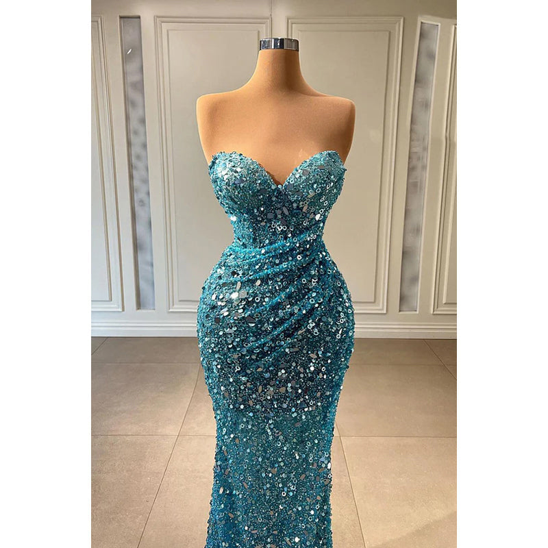 Glamorous Dramatic Sequins Mermaid V-Neck Sleeveless Runched Evening Prom Dress