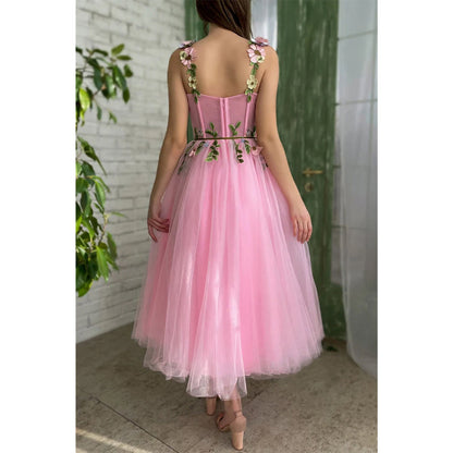 Spaghetti Straps Sweetheart 3d Appliques Pink Prom Dress with Pockets