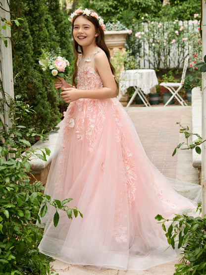 Pink Princess Ball Gown for Girls with Lace Appliqués